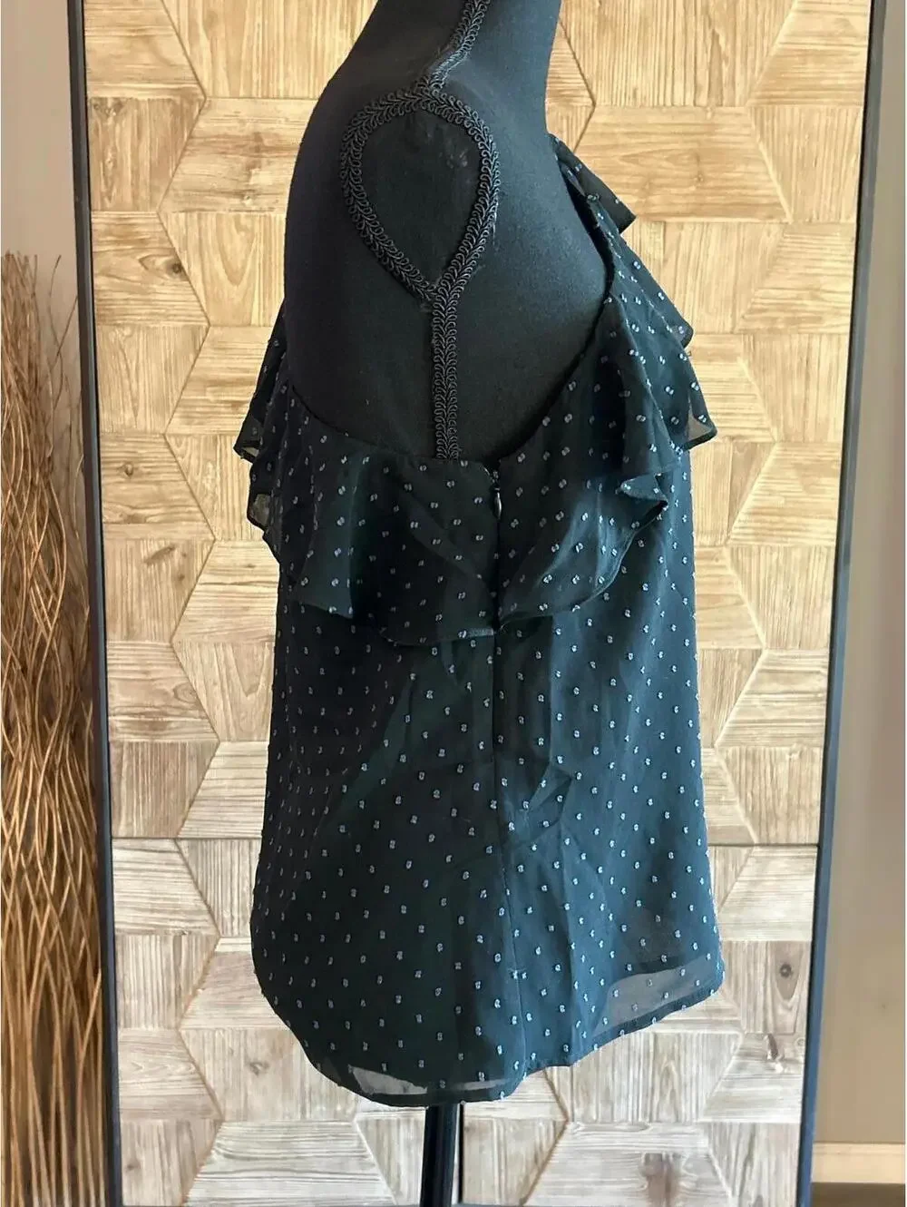 NWT Avec Les Filles Black Blue Polka Dot One Shoulder Ruffle Blouse Small Sheer